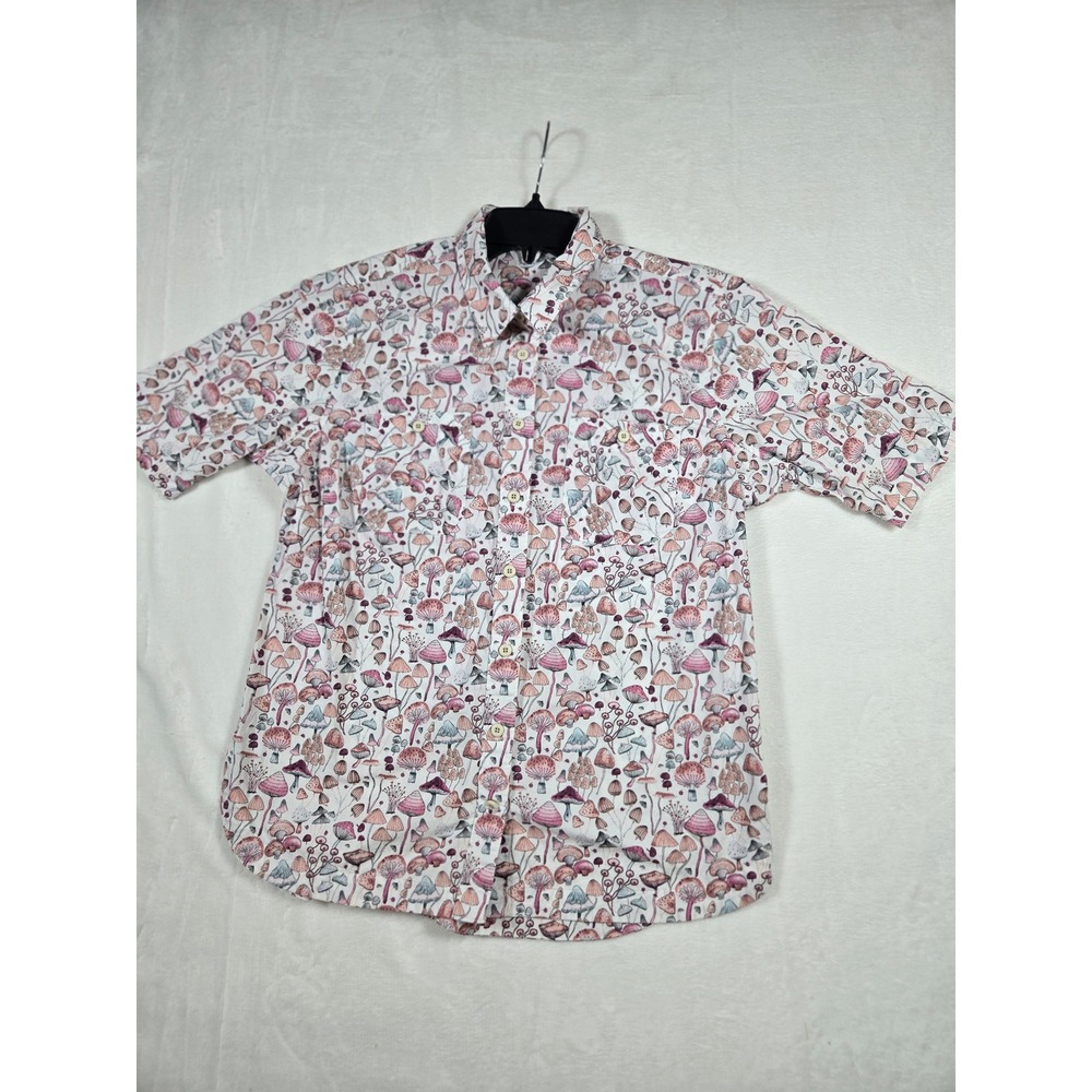 Duluth Trading Co Large Mushroom Print Short Sleeve Button Down Shirt Pink